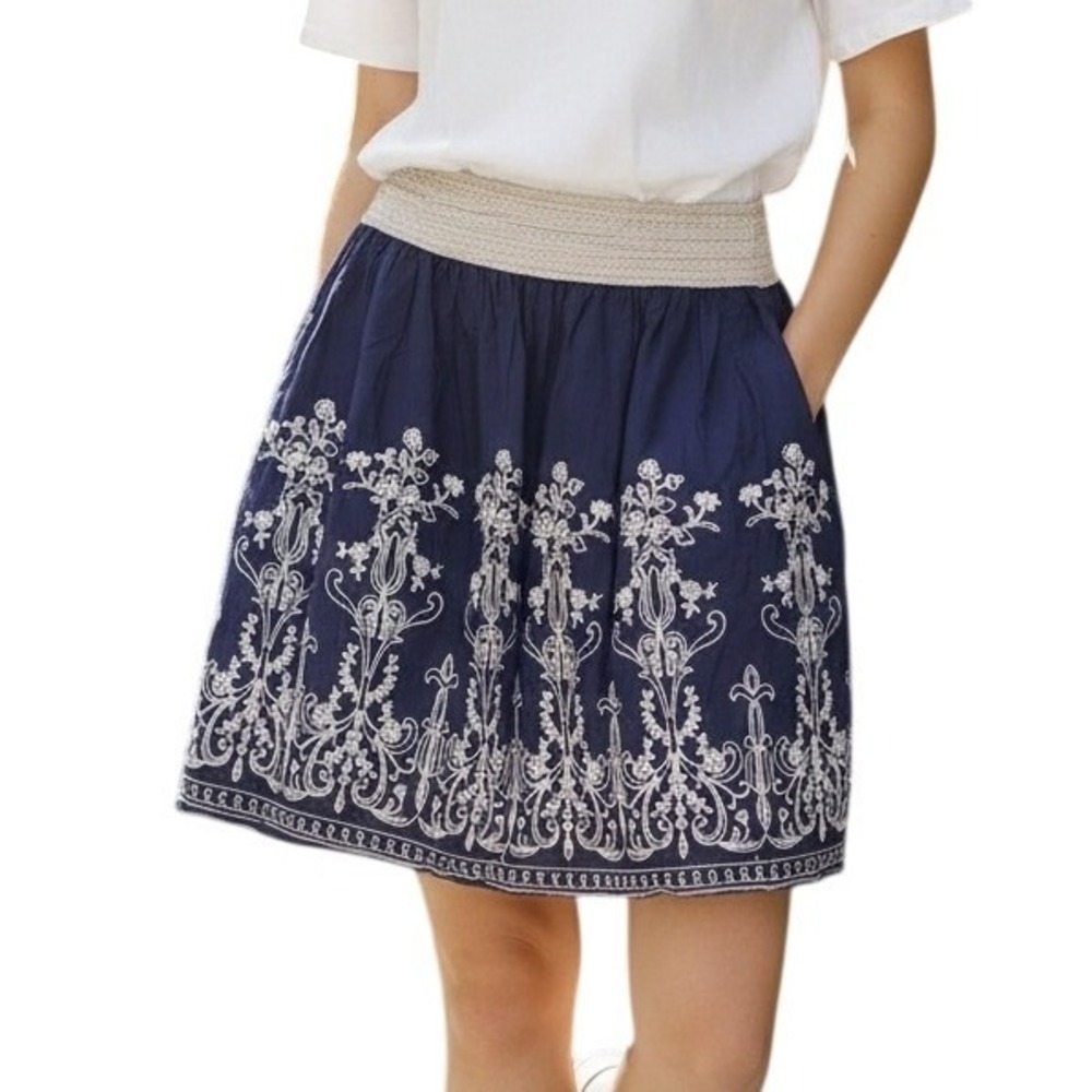 Metro Wear Womens Skirt Sz XL Navy White Embroidered Elastic Waist A-Line Mini